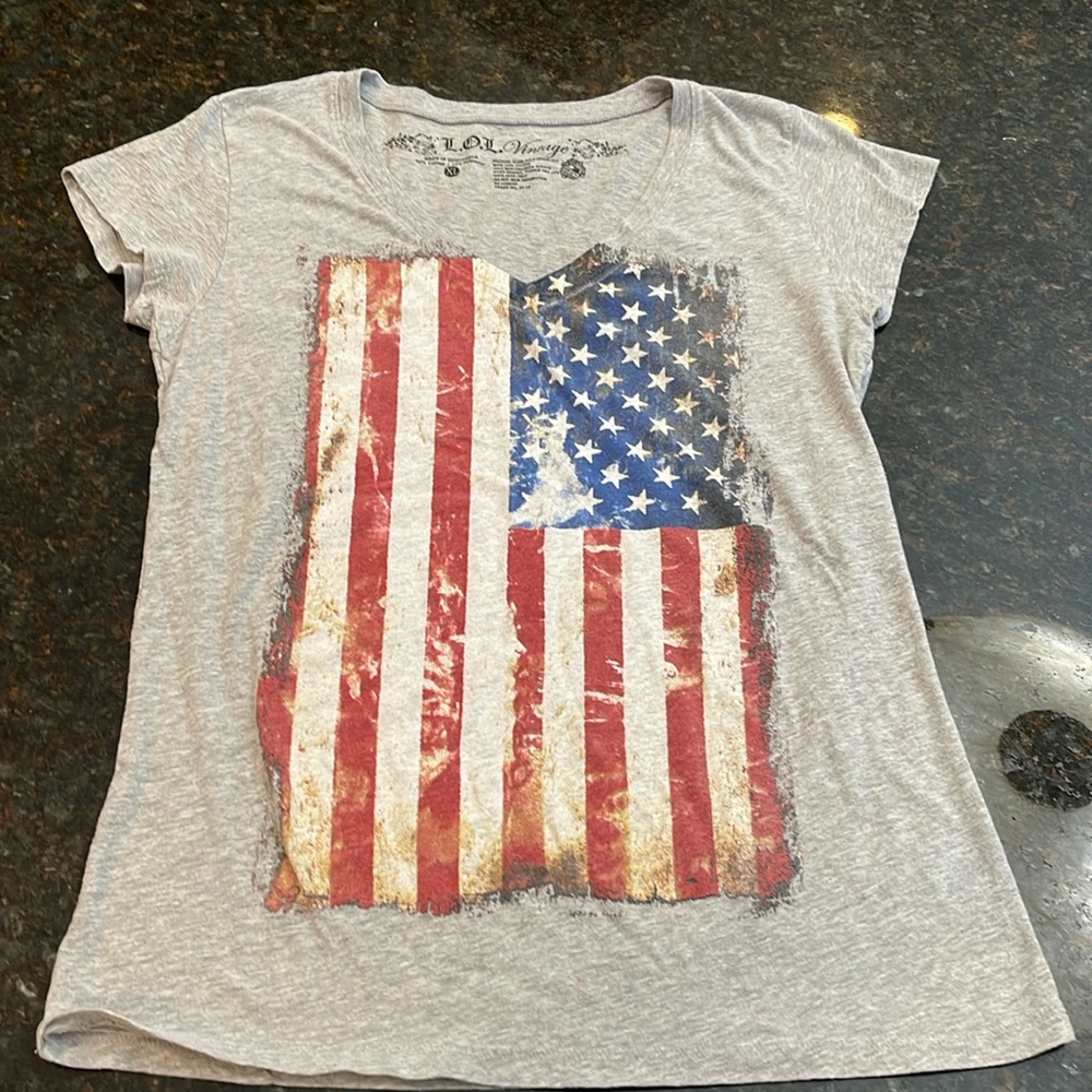LOL vintage flag v neck tshirt womens XL heathered gray
